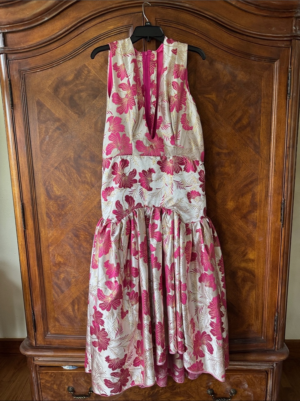 Handmade Brocade Floral A-Line Party Dress in Pink and Cream (see measurements)